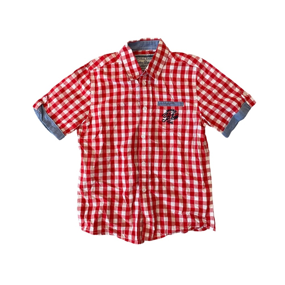 EUC Mayoral Boys Size 6 Red Checkered Short Sleeve Button Down Shirt